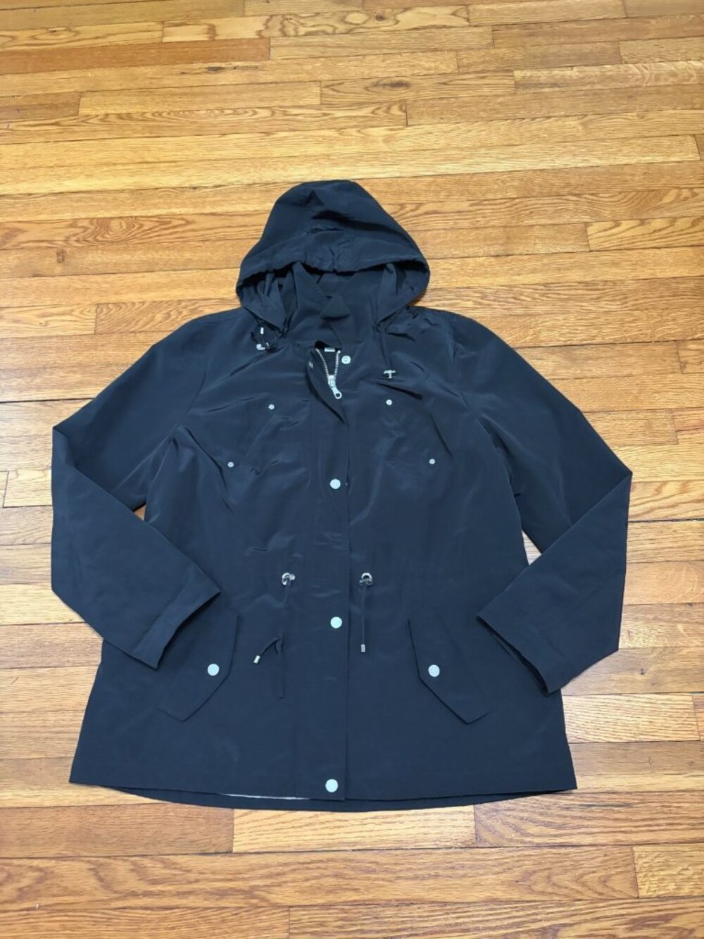 Charter Club Womens Jacket Size Large Black Full Zip Hooded Utility Pockets